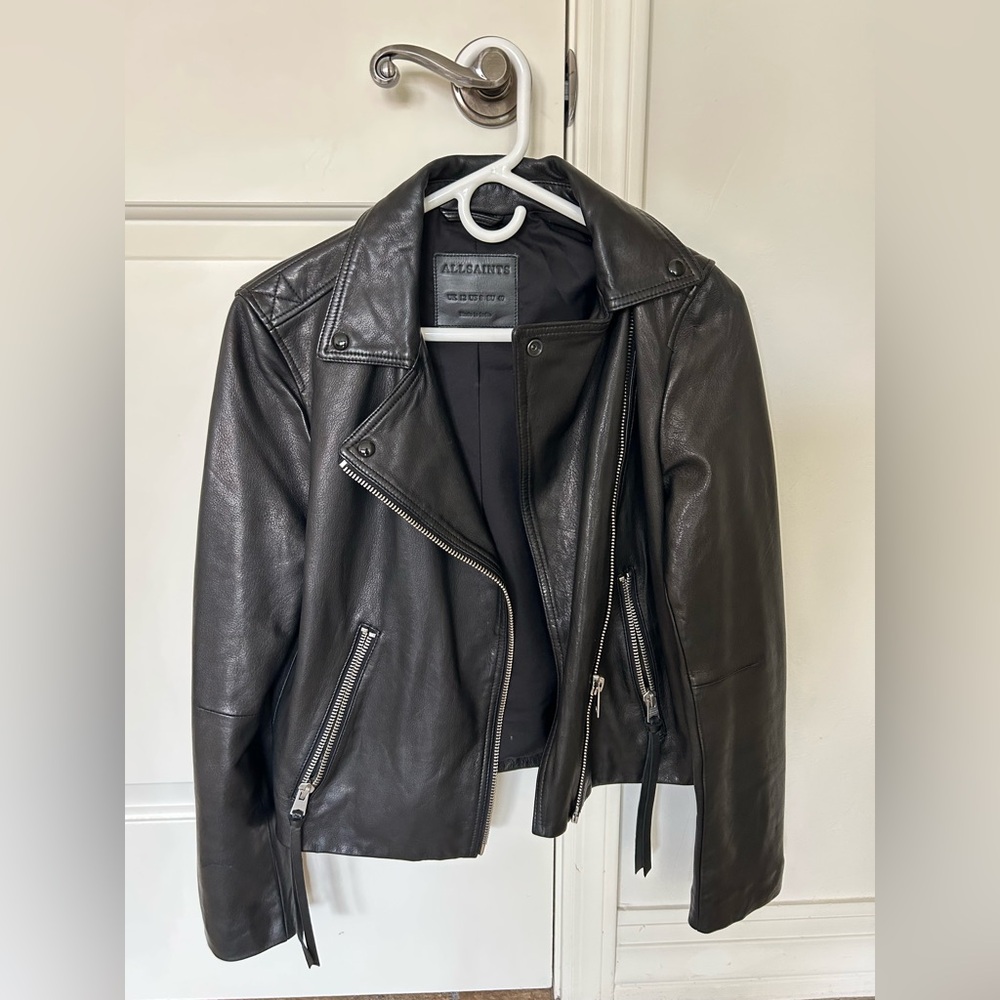 All Saints Black Leather Moto Jacket Asymmetrical Zipper - Picture 4 of 7